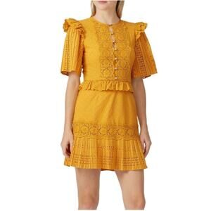 Saylor Layla Pleated Ruffle Eyelet Mustard Dress size Small
